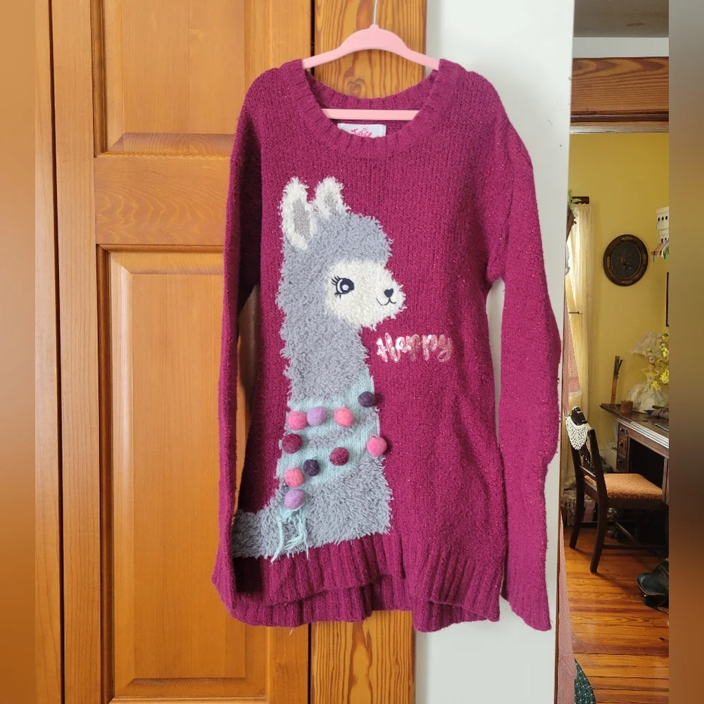 Justice Burgundy Maroon Fuzzy Knit Llama Tunic Sweater with Pom Poms 8